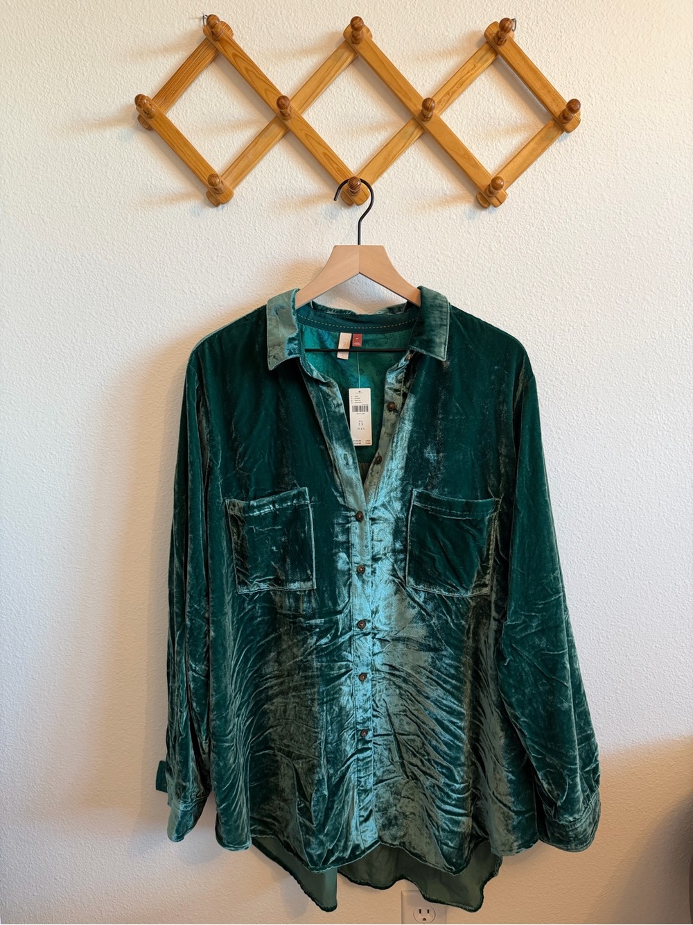 Anthropologie Pilcro Green Velvet Button Down Shirt Tunic 2X Plus NWT